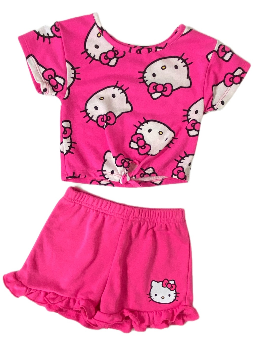Girls Pink Hello Kitty 2-Piece Outfit Crop Top & Ruffle Shorts Set